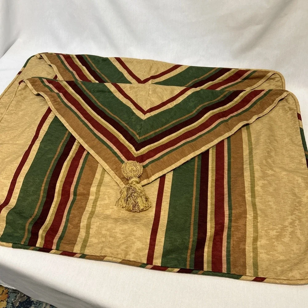 Custom Made Queen Bedskirt and 4 Shams Gold Green Red Stripe Tassel Fringe  1399